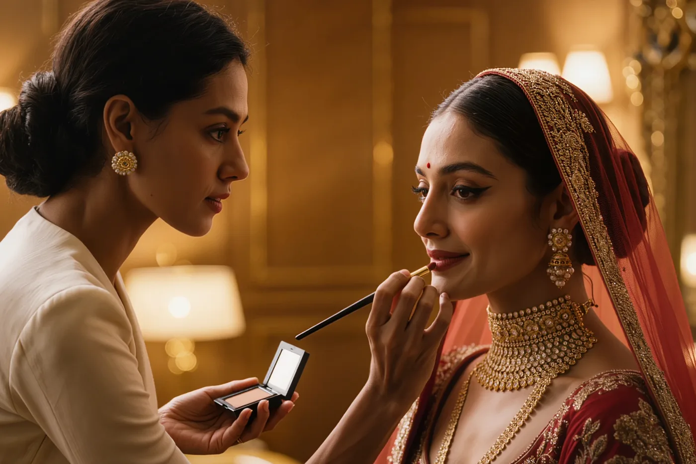 An NJS makeup artist applying bridal makeup to a bride