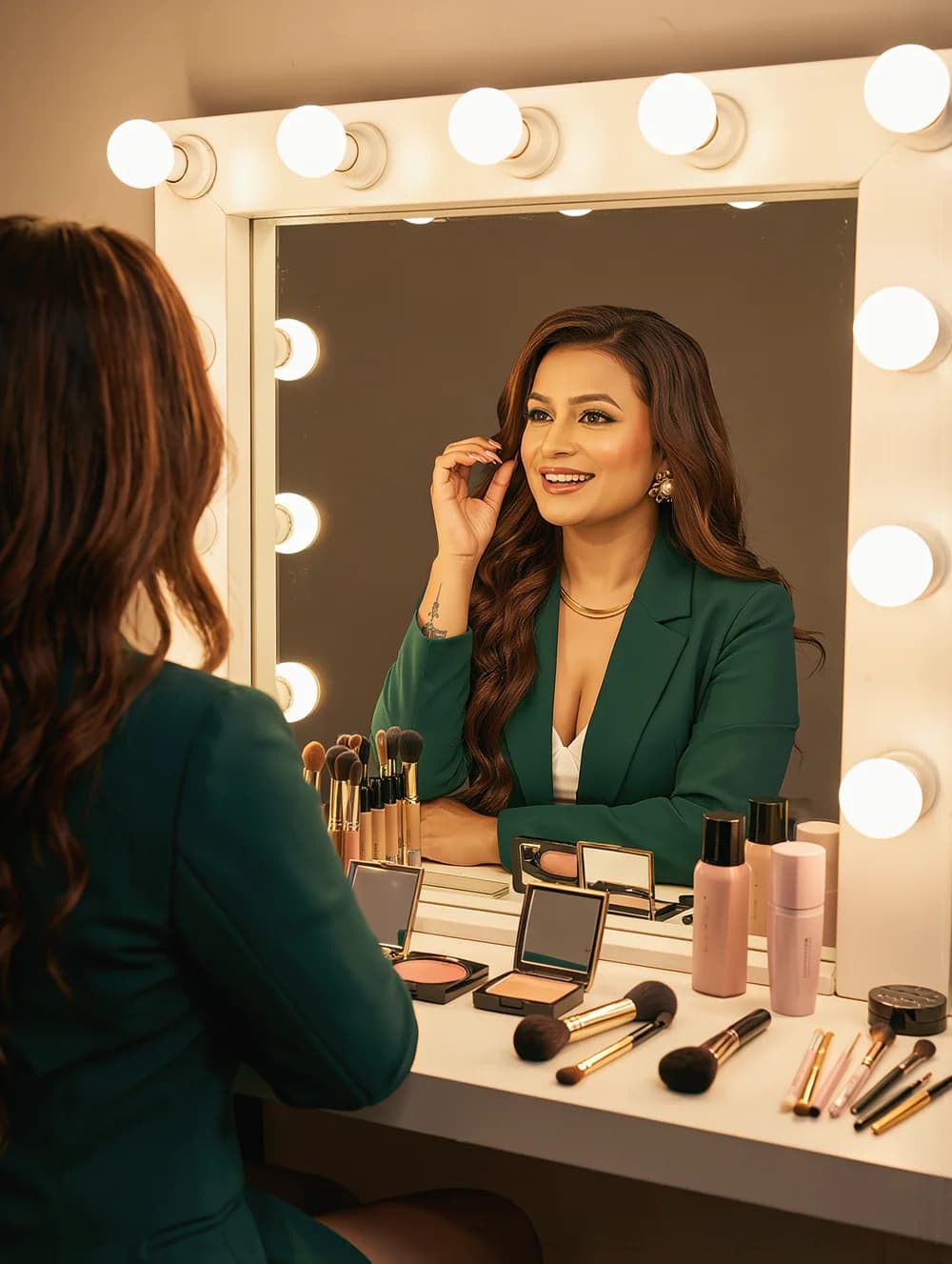 Janu seated at her dressing-room mirror, her reflection smiling back