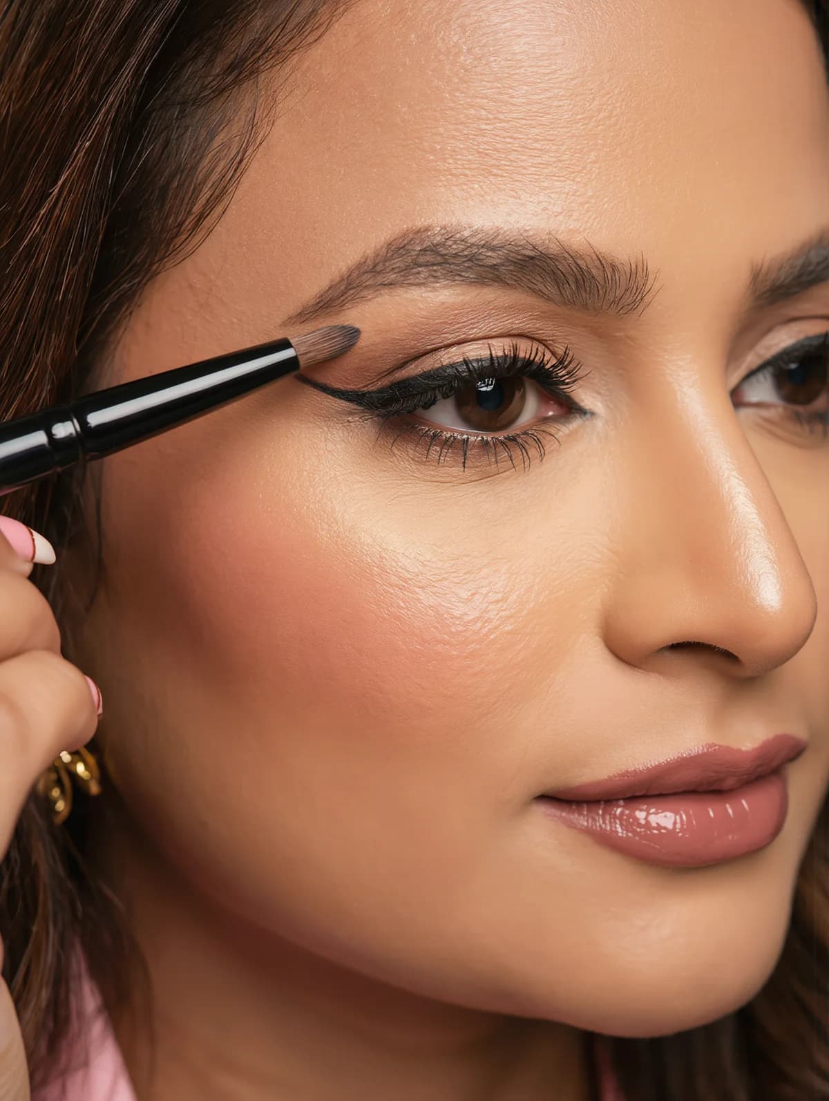 Janu applying eyeliner in close detail